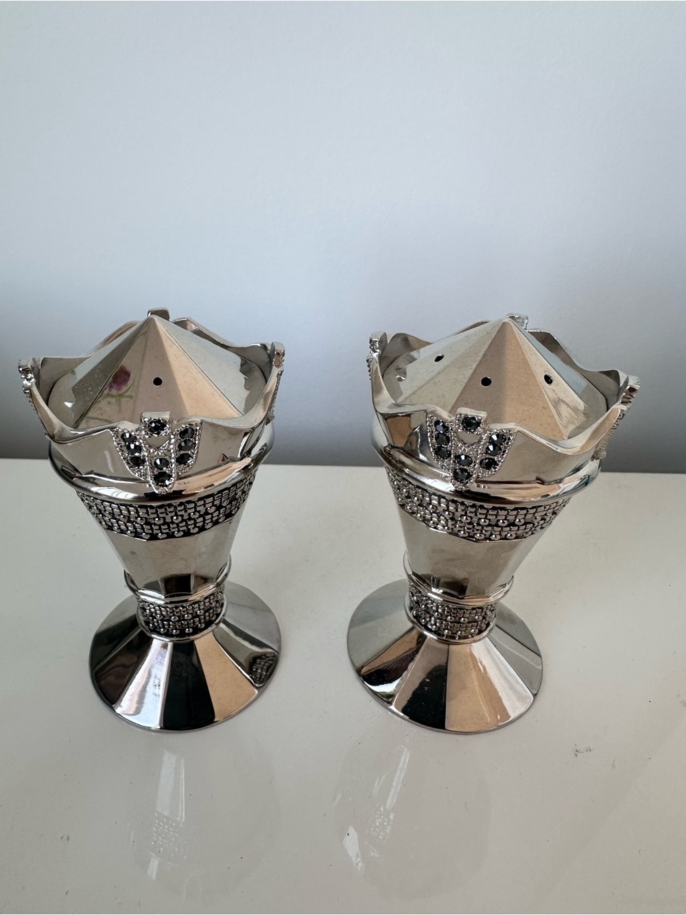 Wallace Crown Salt & Pepper Shakers Set Vintage Glam Rhinestone Accent